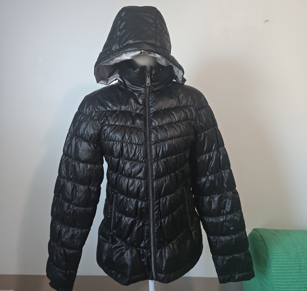Kenneth Cole Shiny Black Quilted Hooded Puffer Jacket